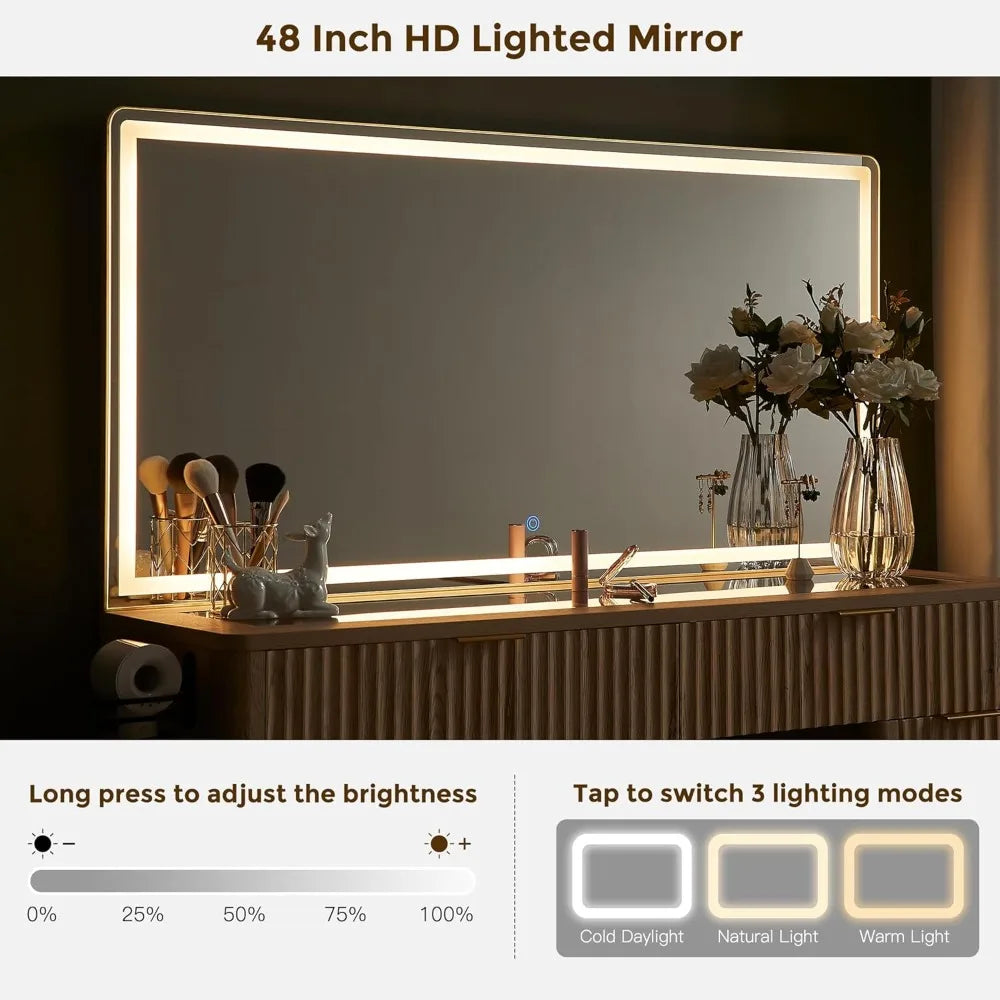 illuminated 48" makeup vanity desk with fluted design, 8-drawer storage and charging station
