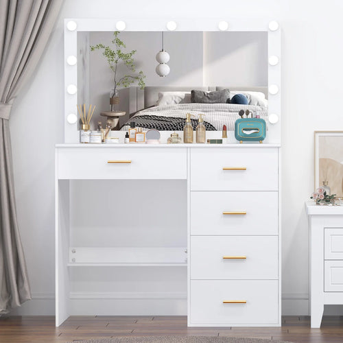 Coiffeuse Blanche Miroir Hollywood LED - Table de Maquillage 11 Ampoules