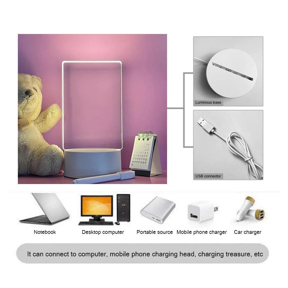 Lampe LED Transparente Effaçable - Tableau Mémo Lumineux USB