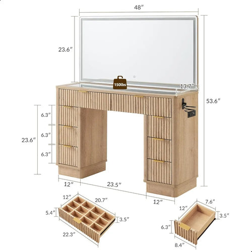 Bureau Coiffeuse Lumineux 8 Tiroirs - Design Canneler avec Station de Charge
